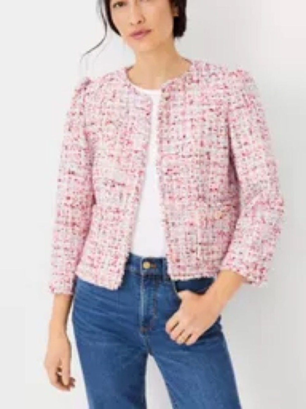 Ann Taylor Pink Tweed Collarless Blazer size 14